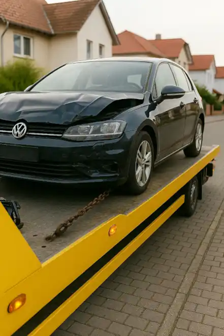 Ein defektes Fahrzeug wird zur Bewertung und zum Autoankauf in Tübingen abgeschleppt.